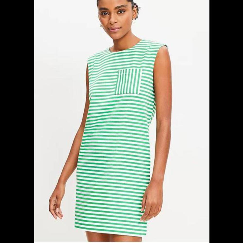 LOFT Green and White Striped Sleeveless Mini Dress